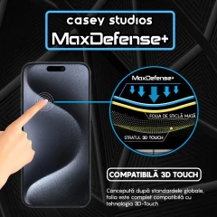 Folie Sticla CASEY STUDIOS pentru iPhone 15 Pro, MaxDefense+ Matte, Full Glue, Sticla Securizata, Duritate Militara, Ultra HD, Protectie Profesionala Ecran 3D, Anti Zgarieturi, Anti Socuri Negru