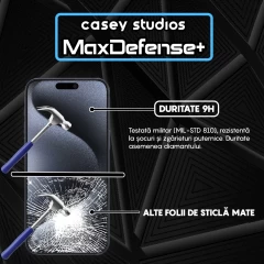 Folie Sticla CASEY STUDIOS pentru iPhone 15 Pro, MaxDefense+ Matte, Full Glue, Sticla Securizata, Duritate Militara, Ultra HD, Protectie Profesionala Ecran 3D, Anti Zgarieturi, Anti Socuri Negru