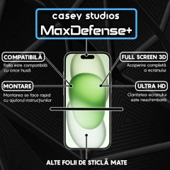 Folie Sticla CASEY STUDIOS pentru iPhone 15, MaxDefense+ Matte, Full Glue, Sticla Securizata, Duritate Militara, Ultra HD, Protectie Profesionala Ecran 3D, Anti Zgarieturi, Anti Socuri Negru