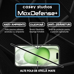 Folie Sticla CASEY STUDIOS pentru iPhone 15, MaxDefense+ Matte, Full Glue, Sticla Securizata, Duritate Militara, Ultra HD, Protectie Profesionala Ecran 3D, Anti Zgarieturi, Anti Socuri Negru