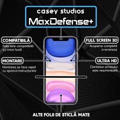 Folie Sticla CASEY STUDIOS pentru iPhone 11 Pro, MaxDefense+ Matte, Full Glue, Sticla Securizata, Duritate Militara, Ultra HD, Protectie Profesionala Ecran 3D, Anti Zgarieturi, Anti Socuri Negru