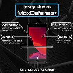 Folie Sticla CASEY STUDIOS pentru iPhone 7 Plus / 8 Plus, MaxDefense+ Matte, Full Glue, Sticla Securizata, Duritate Militara, Ultra HD, Protectie Profesionala Ecran 3D, Anti Zgarieturi, Anti Socuri Negru