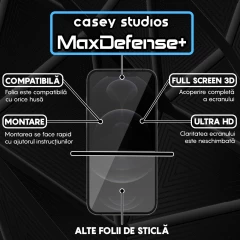 Folie Sticla CASEY STUDIOS pentru iPhone 12 Pro Max, MaxDefense+ Privacy, Full Glue, Sticla Securizata, Duritate Militara, Ultra HD, Protectie Profesionala Ecran 3D, Anti Zgarieturi, Anti Socuri Negru
