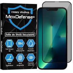 Folie Sticla CASEY STUDIOS pentru iPhone 13 / 13 Pro, MaxDefense+ Privacy, Full Glue, Sticla Securizata, Duritate Militara, Ultra HD, Protectie Profesionala Ecran 3D, Anti Zgarieturi, Anti Socuri