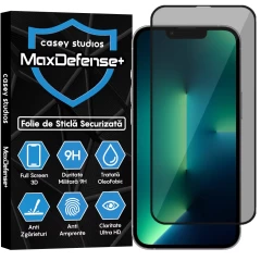 Folie Sticla CASEY STUDIOS pentru iPhone 13 / 13 Pro, MaxDefense+ Privacy, Full Glue, Sticla Securizata, Duritate Militara, Ultra HD, Protectie Profesionala Ecran 3D, Anti Zgarieturi, Anti Socuri Negru