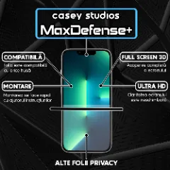 Folie Sticla CASEY STUDIOS pentru iPhone 13 / 13 Pro, MaxDefense+ Privacy, Full Glue, Sticla Securizata, Duritate Militara, Ultra HD, Protectie Profesionala Ecran 3D, Anti Zgarieturi, Anti Socuri Negru