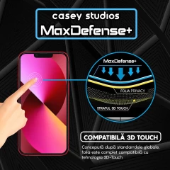 Folie Sticla CASEY STUDIOS pentru iPhone 13 Mini, MaxDefense+ Privacy, Full Glue, Sticla Securizata, Duritate Militara, Ultra HD, Protectie Profesionala Ecran 3D, Anti Zgarieturi, Anti Socuri Negru