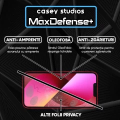 Folie Sticla CASEY STUDIOS pentru iPhone 13 Mini, MaxDefense+ Privacy, Full Glue, Sticla Securizata, Duritate Militara, Ultra HD, Protectie Profesionala Ecran 3D, Anti Zgarieturi, Anti Socuri Negru