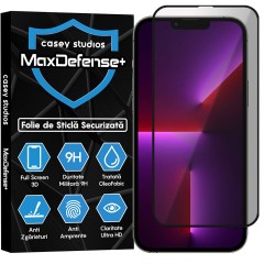 Folie Sticla CASEY STUDIOS pentru iPhone 13 Pro Max, MaxDefense+ Privacy, Full Glue, Sticla Securizata, Duritate Militara, Ultra HD, Protectie Profesionala Ecran 3D, Anti Zgarieturi, Anti Socuri