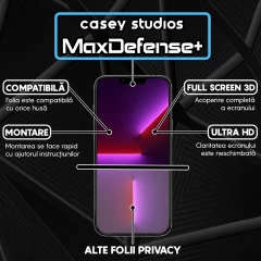 Folie Sticla CASEY STUDIOS pentru iPhone 13 Pro Max, MaxDefense+ Privacy, Full Glue, Sticla Securizata, Duritate Militara, Ultra HD, Protectie Profesionala Ecran 3D, Anti Zgarieturi, Anti Socuri Negru