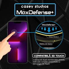 Folie Sticla CASEY STUDIOS pentru iPhone 13 Pro Max, MaxDefense+ Privacy, Full Glue, Sticla Securizata, Duritate Militara, Ultra HD, Protectie Profesionala Ecran 3D, Anti Zgarieturi, Anti Socuri Negru