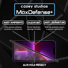 Folie Sticla CASEY STUDIOS pentru iPhone 13 Pro Max, MaxDefense+ Privacy, Full Glue, Sticla Securizata, Duritate Militara, Ultra HD, Protectie Profesionala Ecran 3D, Anti Zgarieturi, Anti Socuri Negru