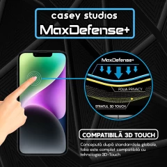 Folie Sticla CASEY STUDIOS pentru iPhone 14 Plus, MaxDefense+ Privacy, Full Glue, Sticla Securizata, Duritate Militara, Ultra HD, Protectie Profesionala Ecran 3D, Anti Zgarieturi, Anti Socuri Negru