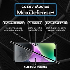 Folie Sticla CASEY STUDIOS pentru iPhone 14 Plus, MaxDefense+ Privacy, Full Glue, Sticla Securizata, Duritate Militara, Ultra HD, Protectie Profesionala Ecran 3D, Anti Zgarieturi, Anti Socuri Negru