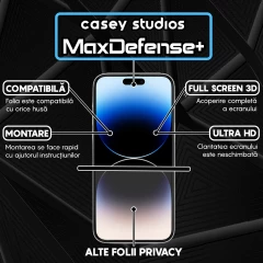 Folie Sticla CASEY STUDIOS pentru iPhone 14 Pro Max, MaxDefense+ Privacy, Full Glue, Sticla Securizata, Duritate Militara, Ultra HD, Protectie Profesionala Ecran 3D, Anti Zgarieturi, Anti Socuri Negru