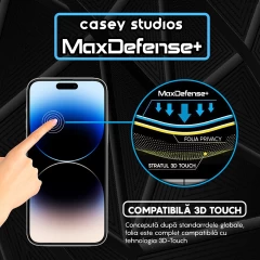 Folie Sticla CASEY STUDIOS pentru iPhone 14 Pro Max, MaxDefense+ Privacy, Full Glue, Sticla Securizata, Duritate Militara, Ultra HD, Protectie Profesionala Ecran 3D, Anti Zgarieturi, Anti Socuri Negru