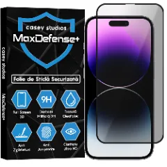 Folie Sticla CASEY STUDIOS pentru iPhone 14 Pro, MaxDefense+ Privacy, Full Glue, Sticla Securizata, Duritate Militara, Ultra HD, Protectie Profesionala Ecran 3D, Anti Zgarieturi, Anti Socuri Negru