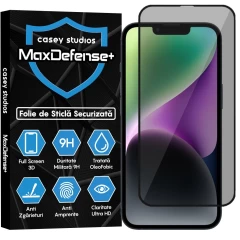 Folie Sticla CASEY STUDIOS pentru iPhone 14, MaxDefense+ Privacy, Full Glue, Sticla Securizata, Duritate Militara, Ultra HD, Protectie Profesionala Ecran 3D, Anti Zgarieturi, Anti Socuri Negru