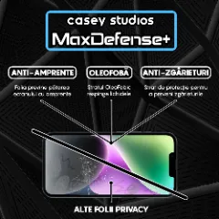 Folie Sticla CASEY STUDIOS pentru iPhone 14, MaxDefense+ Privacy, Full Glue, Sticla Securizata, Duritate Militara, Ultra HD, Protectie Profesionala Ecran 3D, Anti Zgarieturi, Anti Socuri Negru