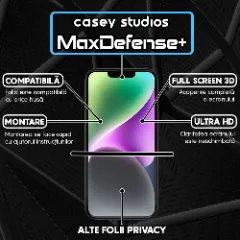 Folie Sticla CASEY STUDIOS pentru iPhone 14, MaxDefense+ Privacy, Full Glue, Sticla Securizata, Duritate Militara, Ultra HD, Protectie Profesionala Ecran 3D, Anti Zgarieturi, Anti Socuri Negru