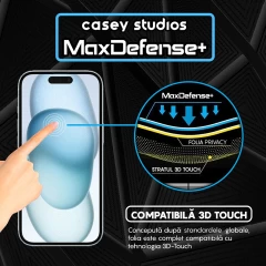 Folie Sticla CASEY STUDIOS pentru iPhone 15 Plus, MaxDefense+ Privacy, Full Glue, Sticla Securizata, Duritate Militara, Ultra HD, Protectie Profesionala Ecran 3D, Anti Zgarieturi, Anti Socuri Negru