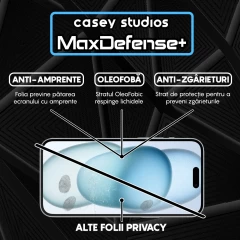 Folie Sticla CASEY STUDIOS pentru iPhone 15 Plus, MaxDefense+ Privacy, Full Glue, Sticla Securizata, Duritate Militara, Ultra HD, Protectie Profesionala Ecran 3D, Anti Zgarieturi, Anti Socuri Negru