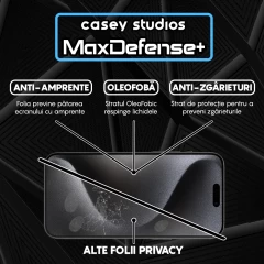 Folie Sticla CASEY STUDIOS pentru iPhone 15 Pro Max, MaxDefense+ Privacy, Full Glue, Sticla Securizata, Duritate Militara, Ultra HD, Protectie Profesionala Ecran 3D, Anti Zgarieturi, Anti Socuri Negru