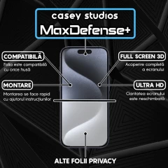Folie Sticla CASEY STUDIOS pentru iPhone 15 Pro, MaxDefense+ Privacy, Full Glue, Sticla Securizata, Duritate Militara, Ultra HD, Protectie Profesionala Ecran 3D, Anti Zgarieturi, Anti Socuri Negru