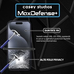 Folie Sticla CASEY STUDIOS pentru iPhone 15 Pro, MaxDefense+ Privacy, Full Glue, Sticla Securizata, Duritate Militara, Ultra HD, Protectie Profesionala Ecran 3D, Anti Zgarieturi, Anti Socuri Negru