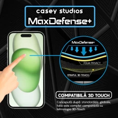 Folie Sticla CASEY STUDIOS pentru iPhone 15, MaxDefense+ Privacy, Full Glue, Sticla Securizata, Duritate Militara, Ultra HD, Protectie Profesionala Ecran 3D, Anti Zgarieturi, Anti Socuri Negru