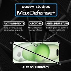 Folie Sticla CASEY STUDIOS pentru iPhone 15, MaxDefense+ Privacy, Full Glue, Sticla Securizata, Duritate Militara, Ultra HD, Protectie Profesionala Ecran 3D, Anti Zgarieturi, Anti Socuri Negru