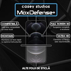 Folie Sticla CASEY STUDIOS pentru iPhone 12 / 12 Pro, MaxDefense+ Classic, Full Glue, Sticla Securizata, Duritate Militara, Ultra HD, Protectie Profesionala Ecran 3D, Anti Zgarieturi, Anti Socuri Transparent
