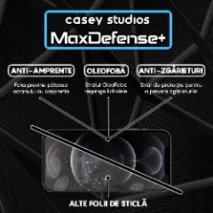Folie Sticla CASEY STUDIOS pentru iPhone 12 Pro Max, MaxDefense+ Classic, Full Glue, Sticla Securizata, Duritate Militara, Ultra HD, Protectie Profesionala Ecran 3D, Anti Zgarieturi, Anti Socuri Transparent