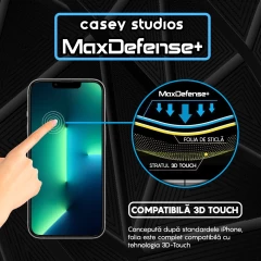 Folie Sticla CASEY STUDIOS pentru iPhone 13 / 13 Pro, MaxDefense+ Classic, Full Glue, Sticla Securizata, Duritate Militara, Ultra HD, Protectie Profesionala Ecran 3D, Anti Zgarieturi, Anti Socuri Transparent