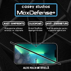 Folie Sticla CASEY STUDIOS pentru iPhone 13 / 13 Pro, MaxDefense+ Classic, Full Glue, Sticla Securizata, Duritate Militara, Ultra HD, Protectie Profesionala Ecran 3D, Anti Zgarieturi, Anti Socuri Transparent