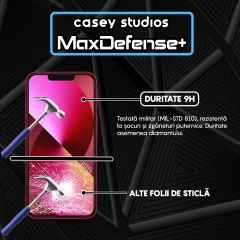 Folie Sticla CASEY STUDIOS pentru iPhone 13 Mini, MaxDefense+ Classic, Full Glue, Sticla Securizata, Duritate Militara, Ultra HD, Protectie Profesionala Ecran 3D, Anti Zgarieturi, Anti Socuri Transparent