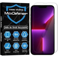 Folie Sticla CASEY STUDIOS pentru iPhone 13 Pro Max, MaxDefense+ Classic, Full Glue, Sticla Securizata, Duritate Militara, Ultra HD, Protectie Profesionala Ecran 3D, Anti Zgarieturi, Anti Socuri
