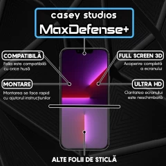 Folie Sticla CASEY STUDIOS pentru iPhone 13 Pro Max, MaxDefense+ Classic, Full Glue, Sticla Securizata, Duritate Militara, Ultra HD, Protectie Profesionala Ecran 3D, Anti Zgarieturi, Anti Socuri Transparent