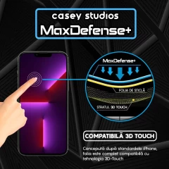 Folie Sticla CASEY STUDIOS pentru iPhone 13 Pro Max, MaxDefense+ Classic, Full Glue, Sticla Securizata, Duritate Militara, Ultra HD, Protectie Profesionala Ecran 3D, Anti Zgarieturi, Anti Socuri Transparent