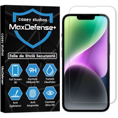Folie Sticla CASEY STUDIOS pentru iPhone 14 Plus, MaxDefense+ Classic, Full Glue, Sticla Securizata, Duritate Militara, Ultra HD, Protectie Profesionala Ecran 3D, Anti Zgarieturi, Anti Socuri
