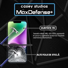 Folie Sticla CASEY STUDIOS pentru iPhone 14 Plus, MaxDefense+ Classic, Full Glue, Sticla Securizata, Duritate Militara, Ultra HD, Protectie Profesionala Ecran 3D, Anti Zgarieturi, Anti Socuri Transparent