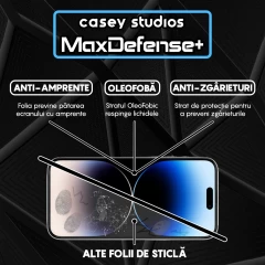 Folie Sticla CASEY STUDIOS pentru iPhone 14 Pro Max, MaxDefense+ Classic, Full Glue, Sticla Securizata, Duritate Militara, Ultra HD, Protectie Profesionala Ecran 3D, Anti Zgarieturi, Anti Socuri Transparent