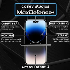 Folie Sticla CASEY STUDIOS pentru iPhone 14 Pro Max, MaxDefense+ Classic, Full Glue, Sticla Securizata, Duritate Militara, Ultra HD, Protectie Profesionala Ecran 3D, Anti Zgarieturi, Anti Socuri Transparent