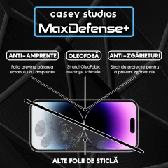 Folie Sticla CASEY STUDIOS pentru iPhone 14 Pro, MaxDefense+ Classic, Full Glue, Sticla Securizata, Duritate Militara, Ultra HD, Protectie Profesionala Ecran 3D, Anti Zgarieturi, Anti Socuri Transparent