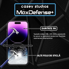 Folie Sticla CASEY STUDIOS pentru iPhone 14 Pro, MaxDefense+ Classic, Full Glue, Sticla Securizata, Duritate Militara, Ultra HD, Protectie Profesionala Ecran 3D, Anti Zgarieturi, Anti Socuri Transparent