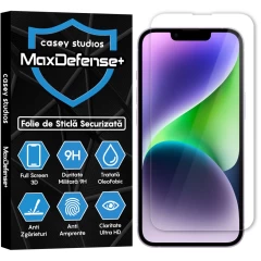 Folie Sticla CASEY STUDIOS pentru iPhone 14, MaxDefense+ Classic, Full Glue, Sticla Securizata, Duritate Militara, Ultra HD, Protectie Profesionala Ecran 3D, Anti Zgarieturi, Anti Socuri Transparent