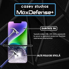 Folie Sticla CASEY STUDIOS pentru iPhone 14, MaxDefense+ Classic, Full Glue, Sticla Securizata, Duritate Militara, Ultra HD, Protectie Profesionala Ecran 3D, Anti Zgarieturi, Anti Socuri Transparent