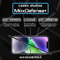 Folie Sticla CASEY STUDIOS pentru iPhone 14, MaxDefense+ Classic, Full Glue, Sticla Securizata, Duritate Militara, Ultra HD, Protectie Profesionala Ecran 3D, Anti Zgarieturi, Anti Socuri Transparent