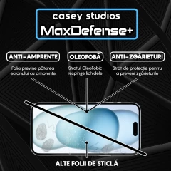 Folie Sticla CASEY STUDIOS pentru iPhone 15 Plus, MaxDefense+ Classic, Full Glue, Sticla Securizata, Duritate Militara, Ultra HD, Protectie Profesionala Ecran 3D, Anti Zgarieturi, Anti Socuri Transparent