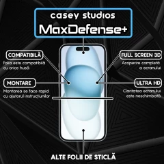 Folie Sticla CASEY STUDIOS pentru iPhone 15 Plus, MaxDefense+ Classic, Full Glue, Sticla Securizata, Duritate Militara, Ultra HD, Protectie Profesionala Ecran 3D, Anti Zgarieturi, Anti Socuri Transparent